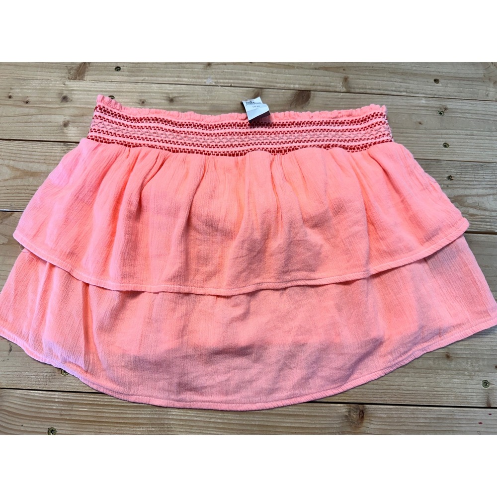 Aerie Neon Coral Pink Tiered Mini Skirt Smocked Waist Embroidered XS New